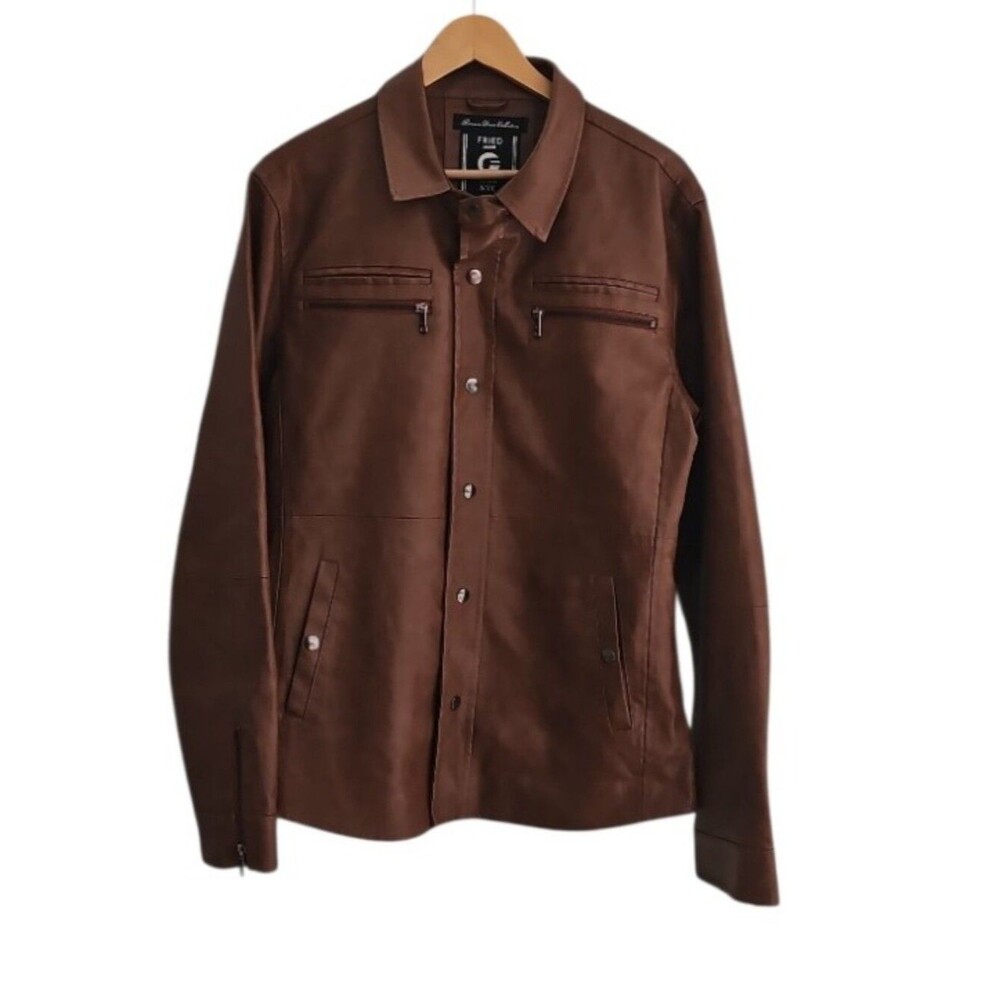 Fried Denim Brown Faux Leather Jacket Men’s L Moto Western Y2K Shirt Jacket